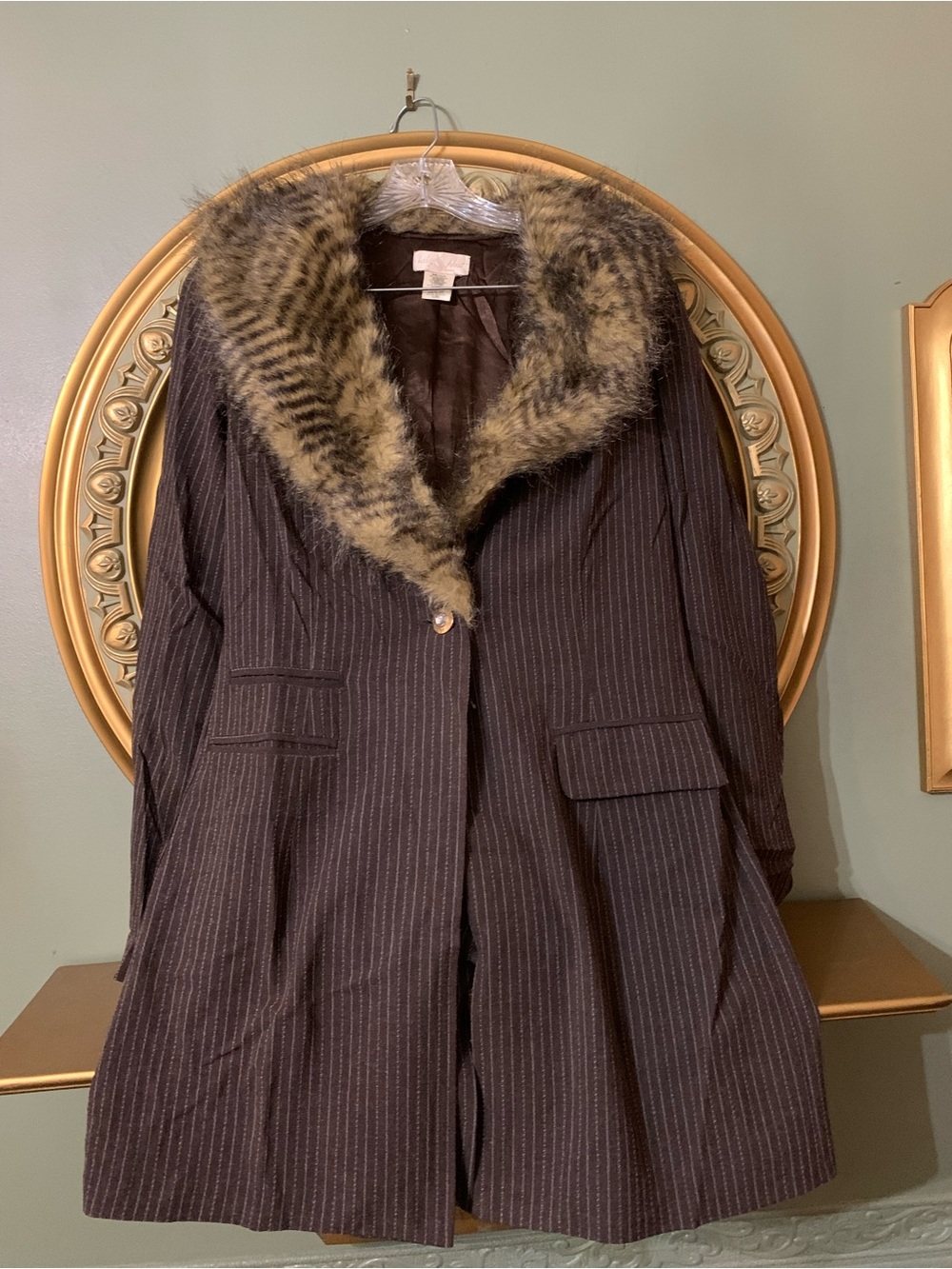 2Pc Baby Phat Brown Pinstripe Suit And Pant with Fur Around The Collar.